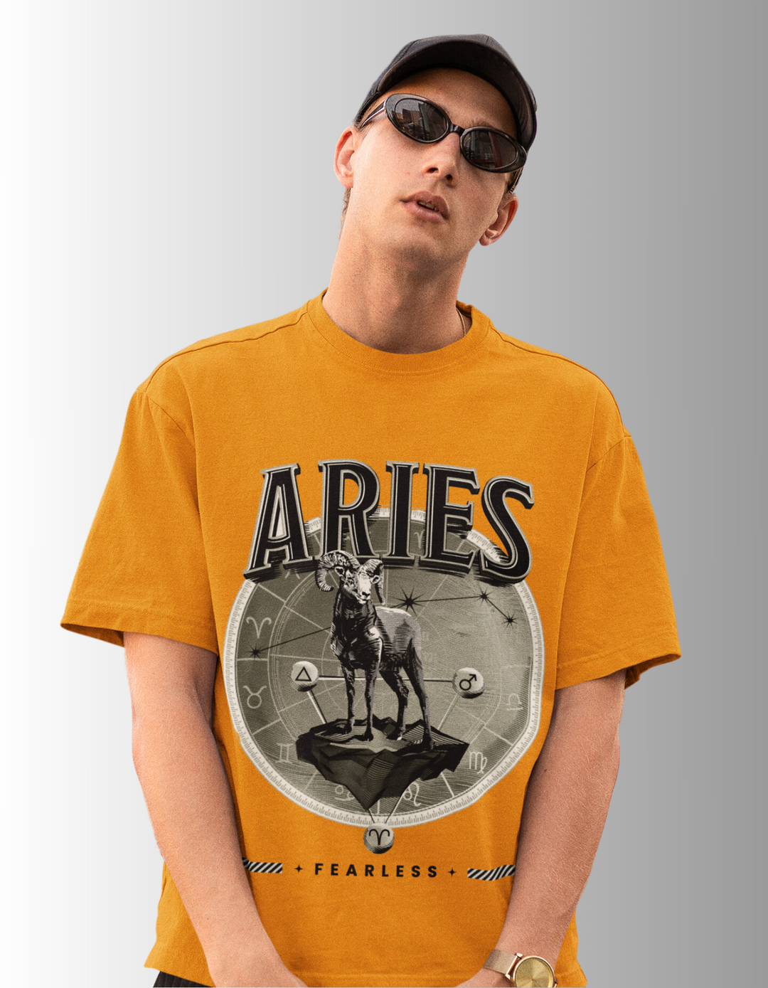 Aries Mens LineArt Oversized TShirt#color_mustard