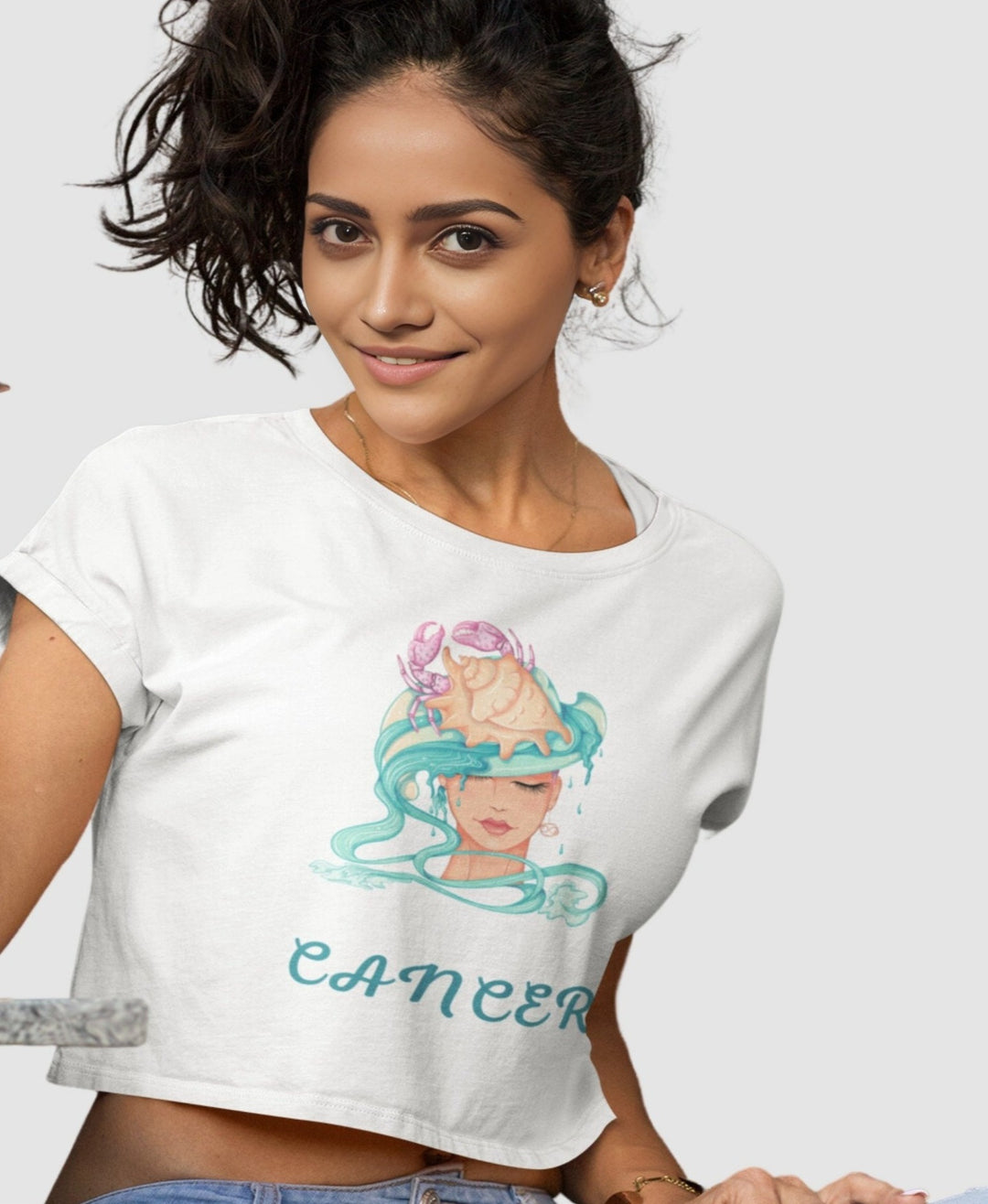Trendy Womens Stellar Cancer Crop Top#color_white