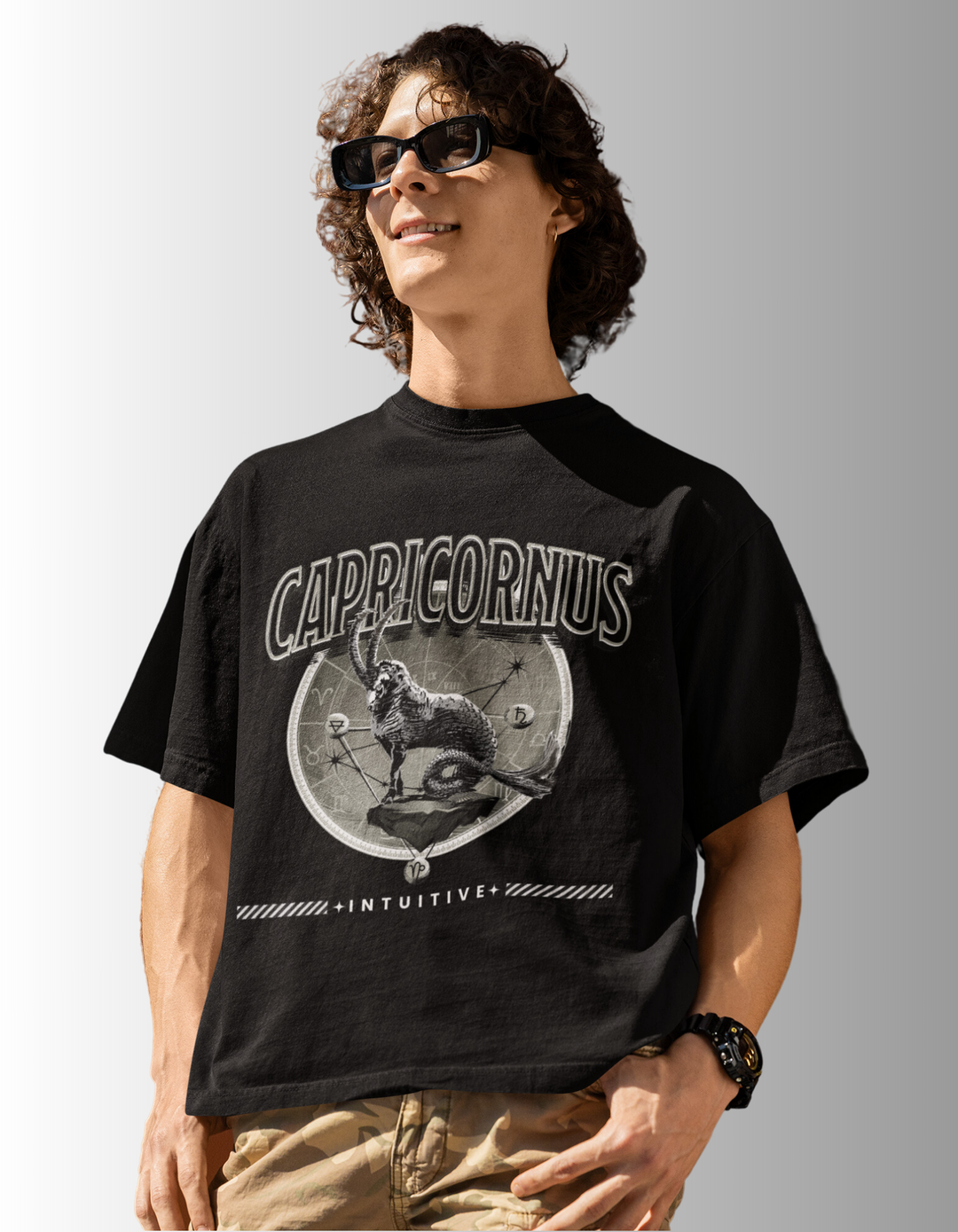 Capricorn Mens LineArt Oversized TShirt#color_black