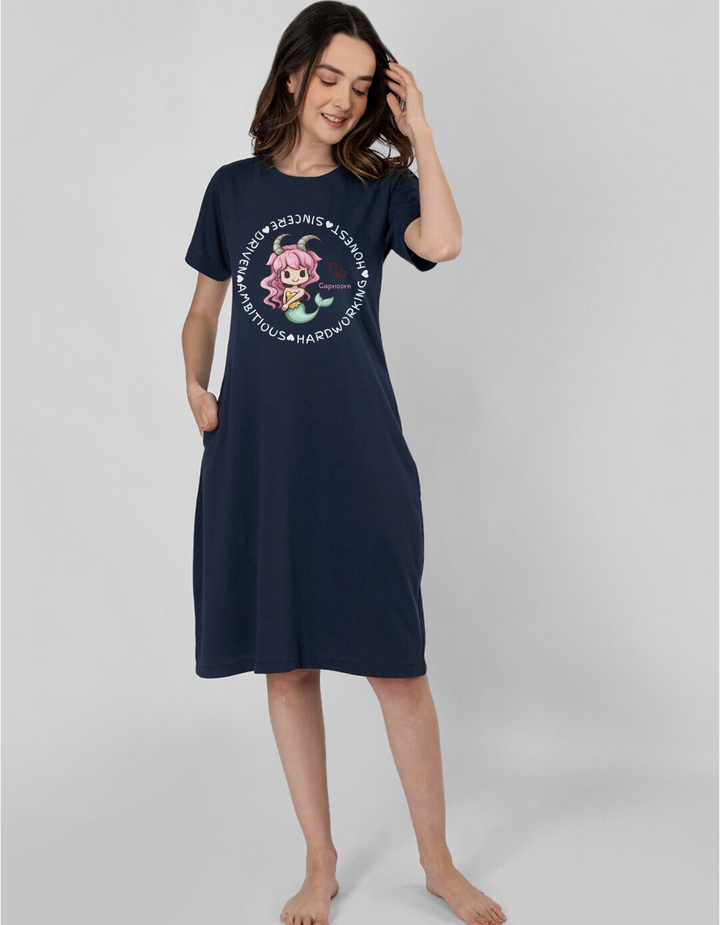 Capricorn Zodiac Graphic Printed Cotton Night T-Shirt Dress for Women