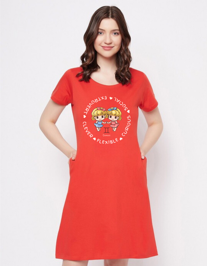 Gemini Zodiac Graphic Printed Cotton Night T-Shirt Dress for Women