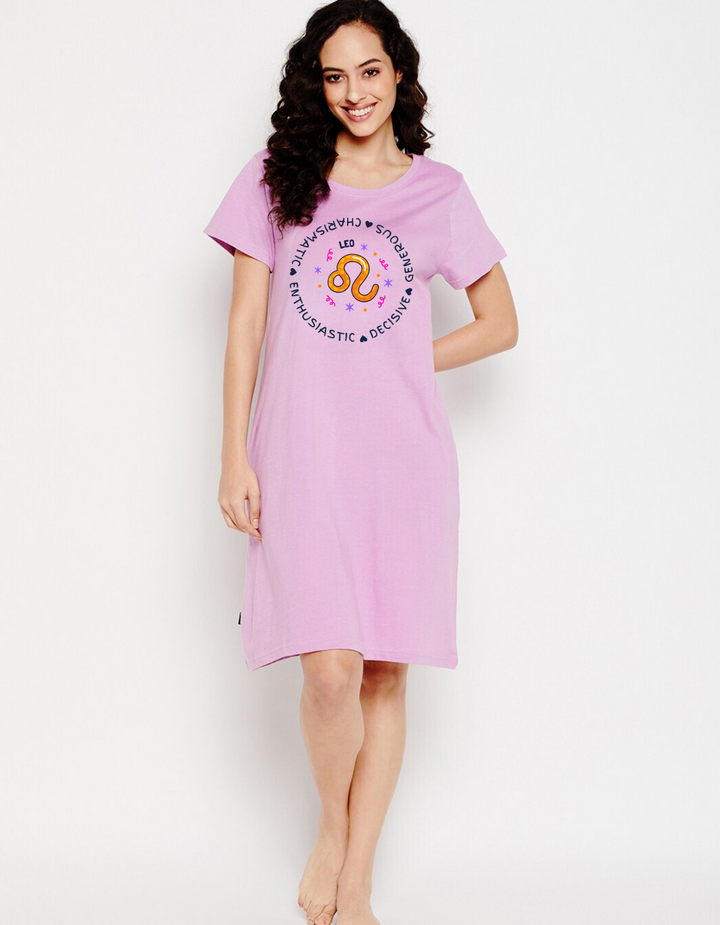 Leo Zodiac Cotton Night T-Shirt Dress For Women