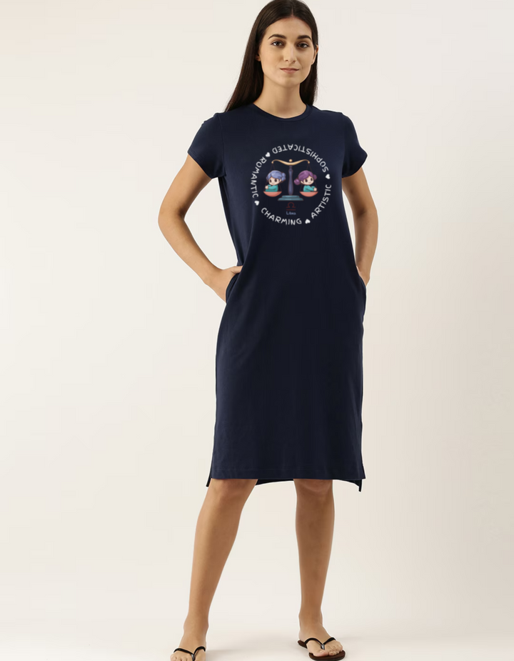 Libra Zodiac Graphic Printed Cotton Night T-Shirt Dress for Women