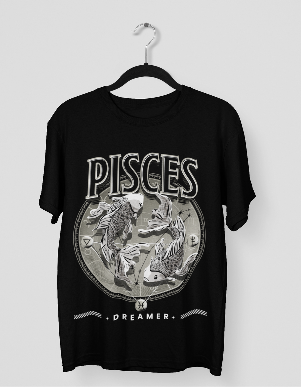 Pisces Mens LineArt Oversized TShirt#color_black