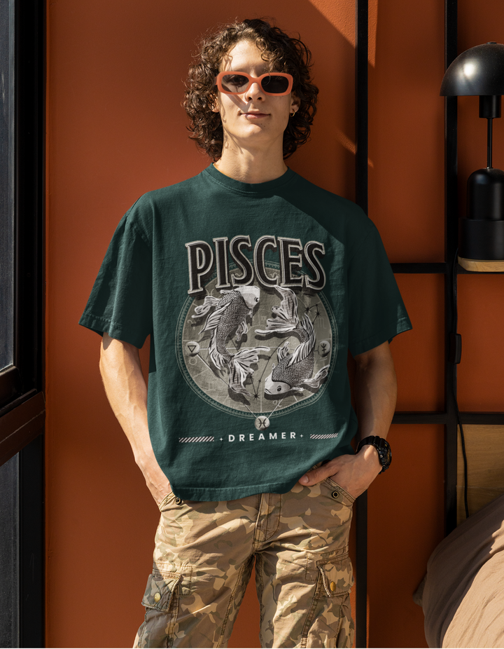 Pisces Mens LineArt Oversized TShirt#color_green