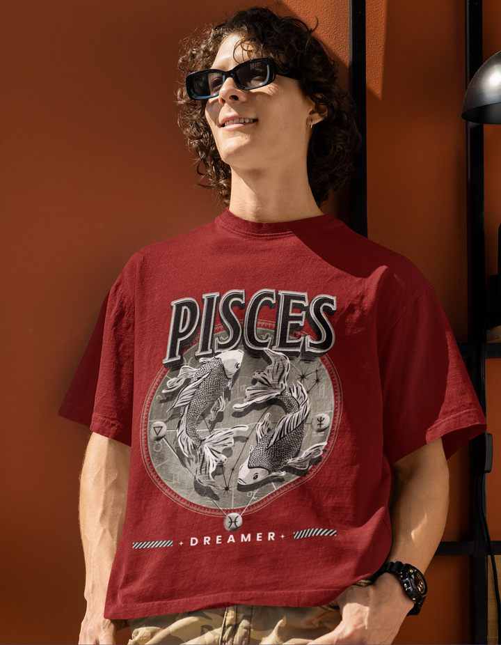 Pisces Mens LineArt Oversized TShirt#color_maroon