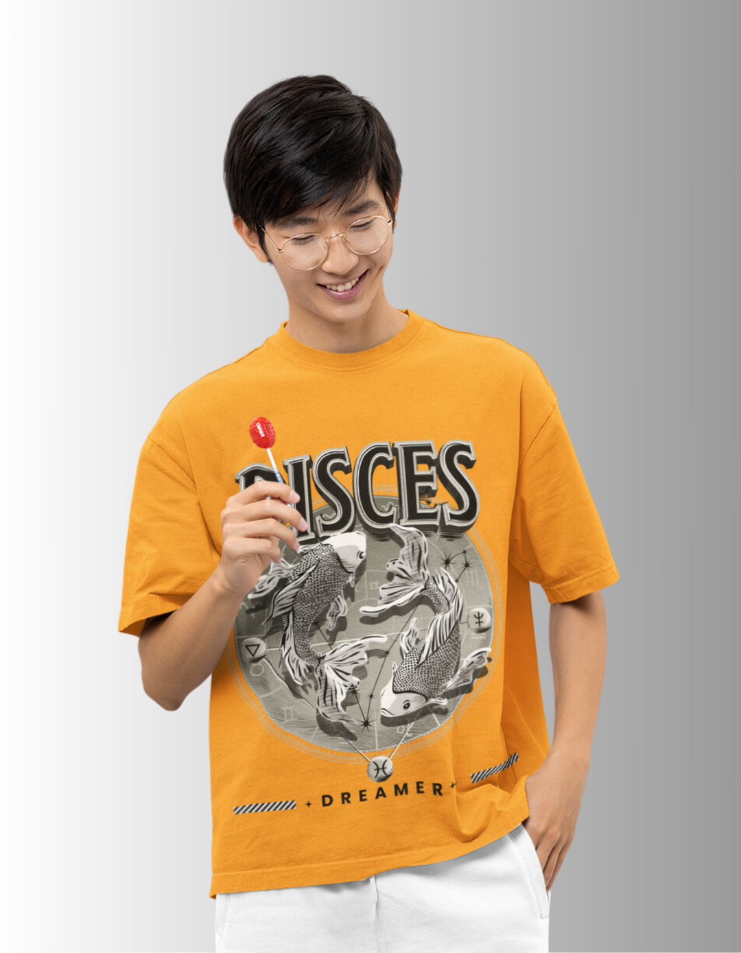 Pisces Mens LineArt Oversized TShirt#color_mustard