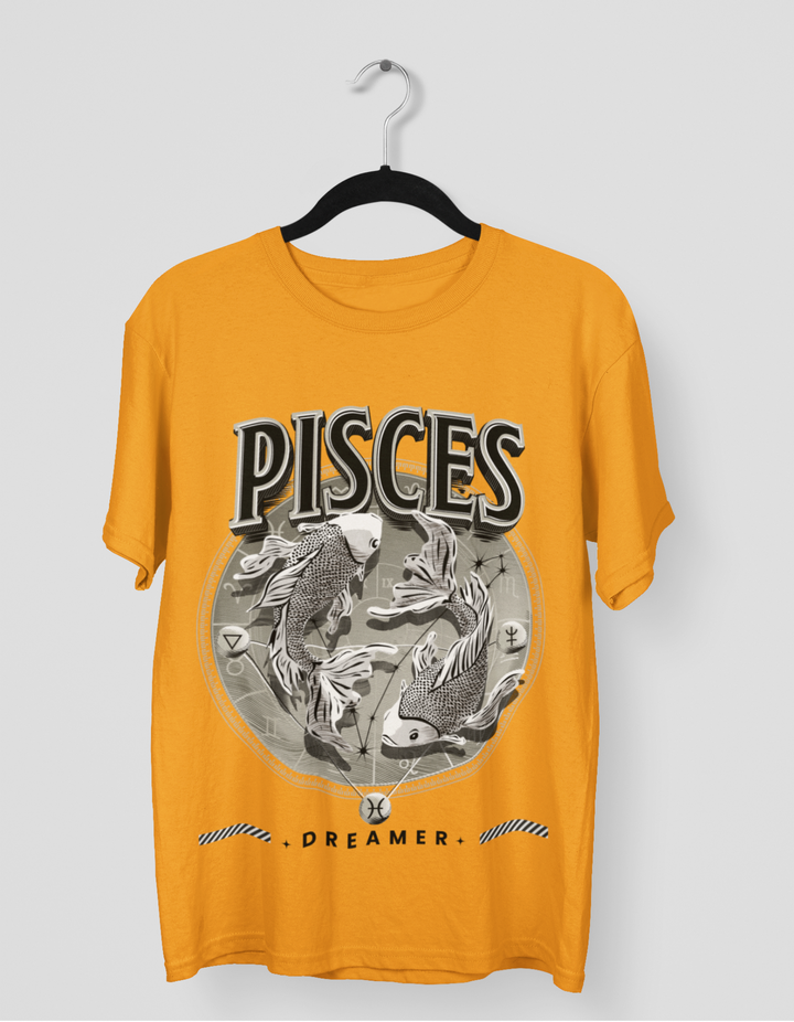 Pisces Mens LineArt Oversized TShirt#color_mustard