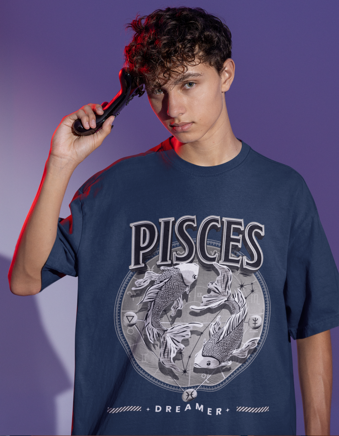 Pisces Mens LineArt Oversized TShirt#color_navy