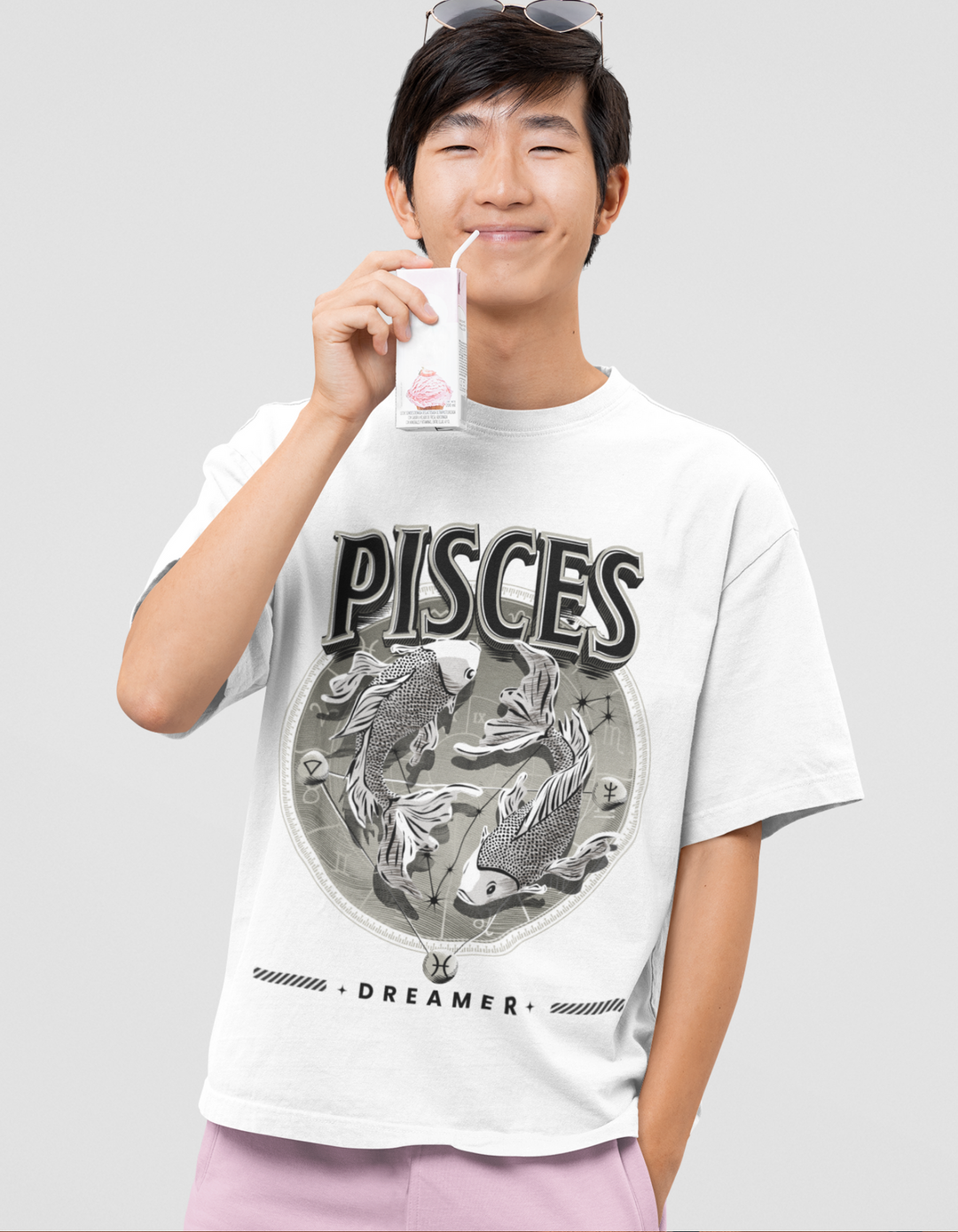 Pisces Mens LineArt Oversized TShirt#color_white
