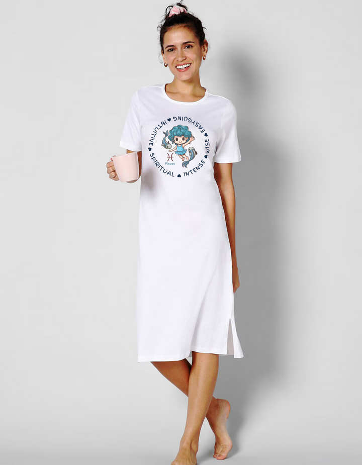 Pisces Zodiac Graphic Printed Cotton Night T-Shirt Dress for Women