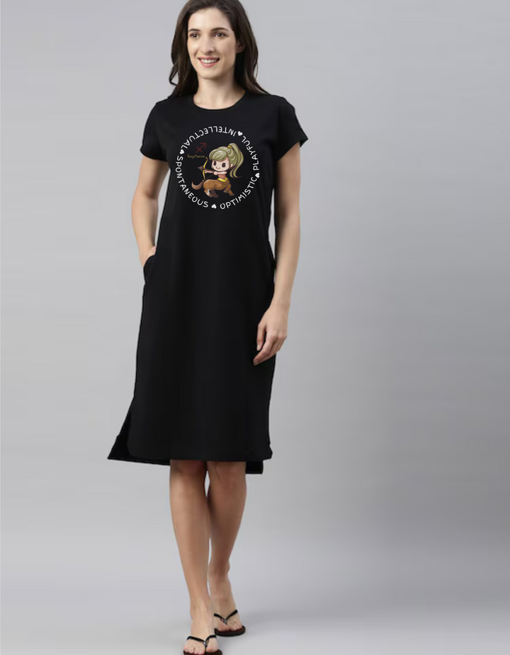 Sagittarius Zodiac Graphic Printed Cotton Night T-Shirt Dress for Women