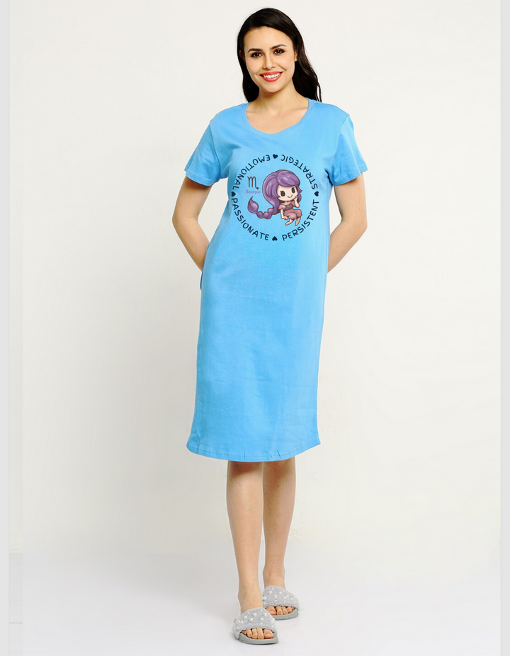 Scorpio Zodiac Graphic Printed Cotton Night T-Shirt Dress for Women