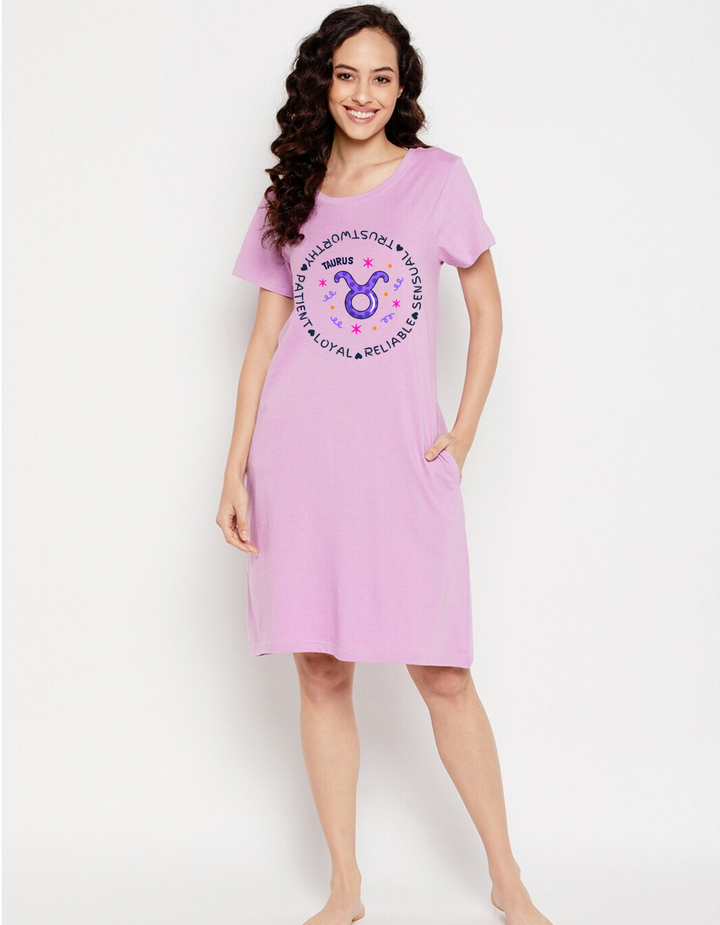 Taurus Zodiac Cotton Night T-Shirt Dress for Women