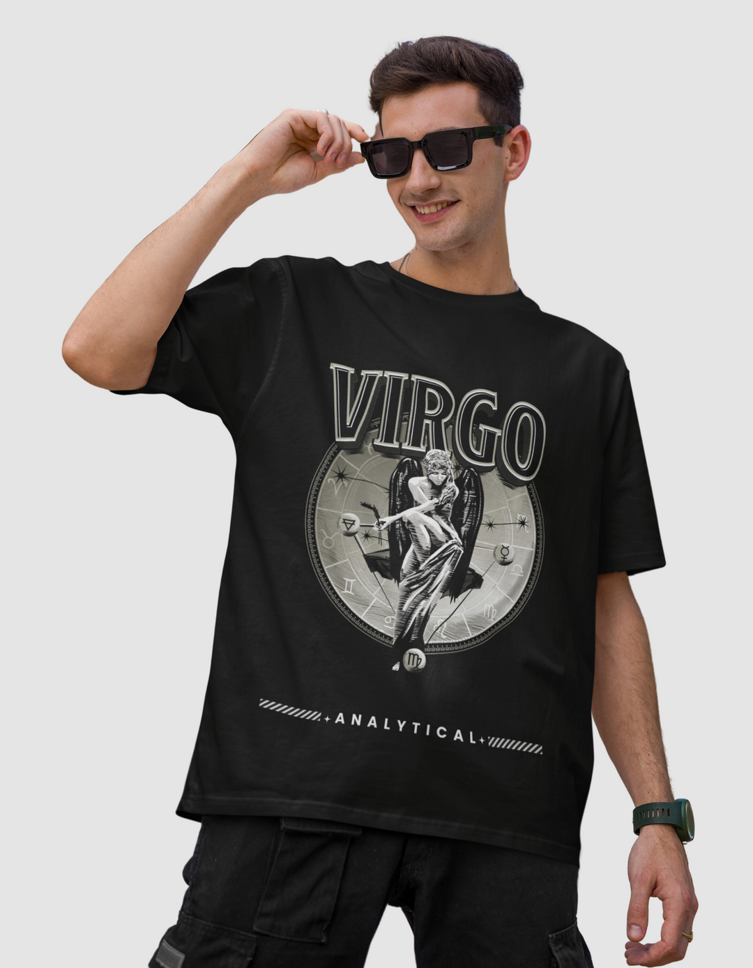 Virgo Mens LineArt Oversized TShirt#color_black